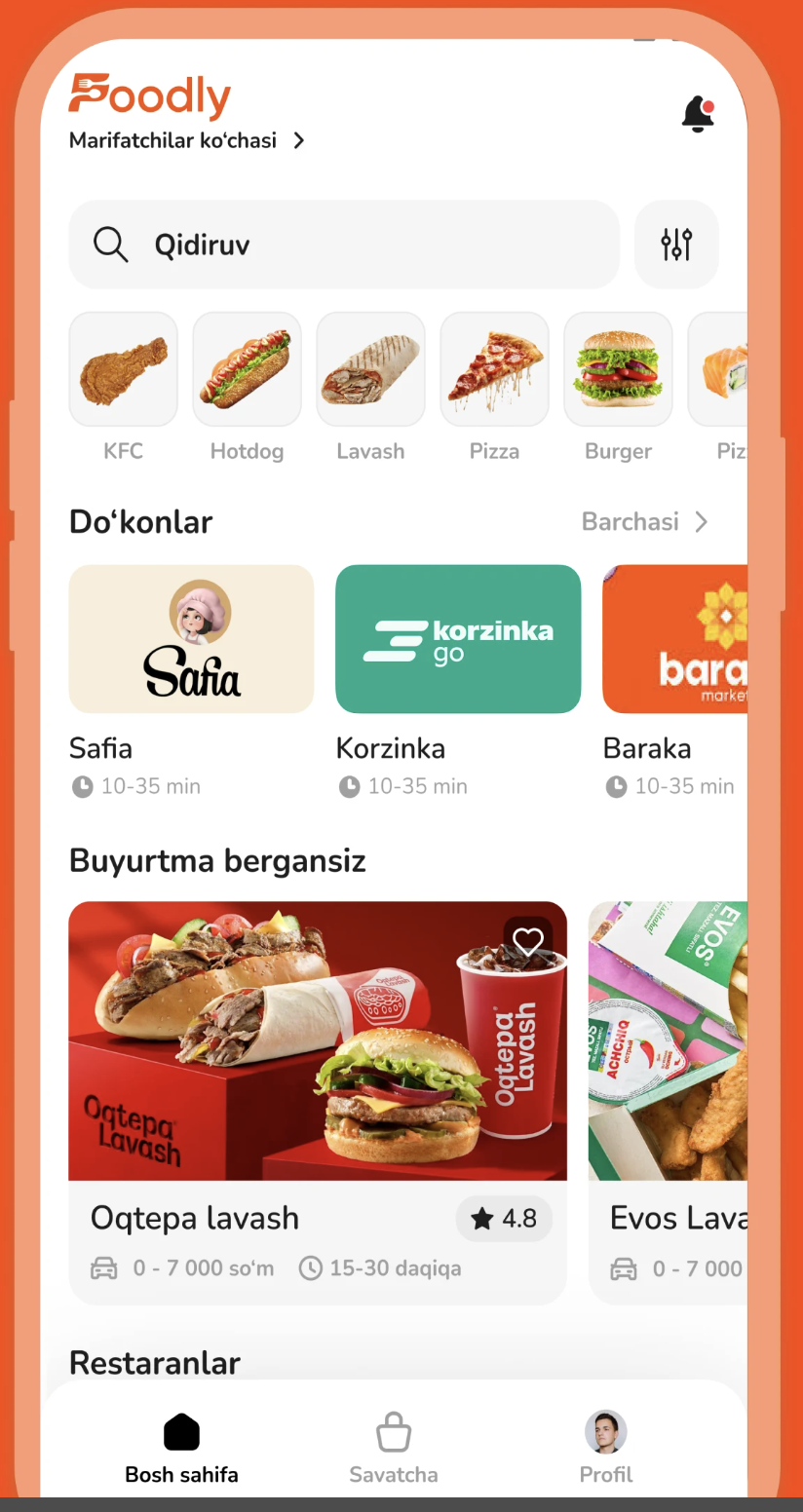 Foodly restoranlar va taomlar bosh sahifasi