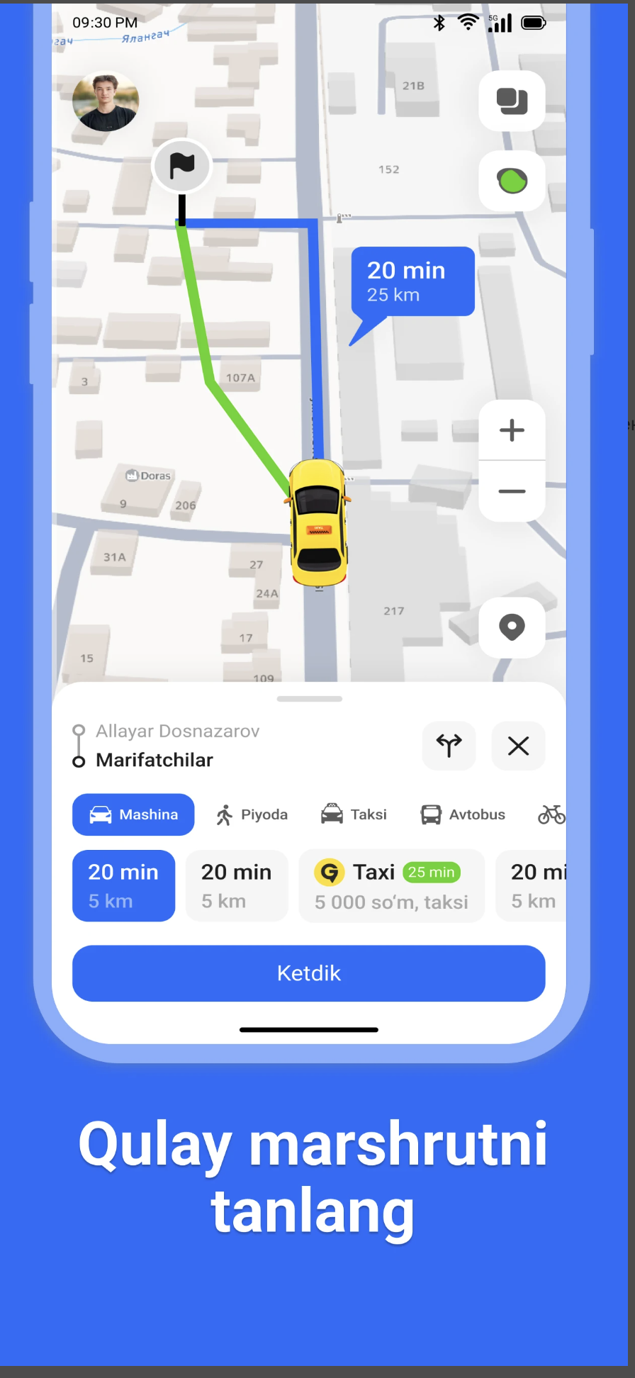 MegaMaps xarita va marshrut tanlash ekrani